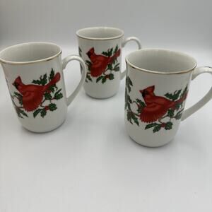 Set 3 Lefton China Christmas Mug Cup Red Cardinal & Holly Holiday Hand Painted